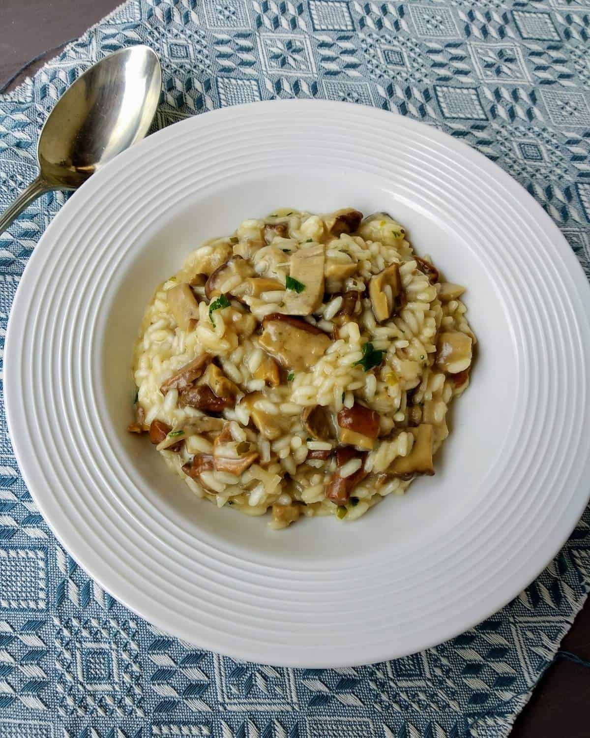 Creamy Mushrooms Risotto on a whiten dish shown from above.