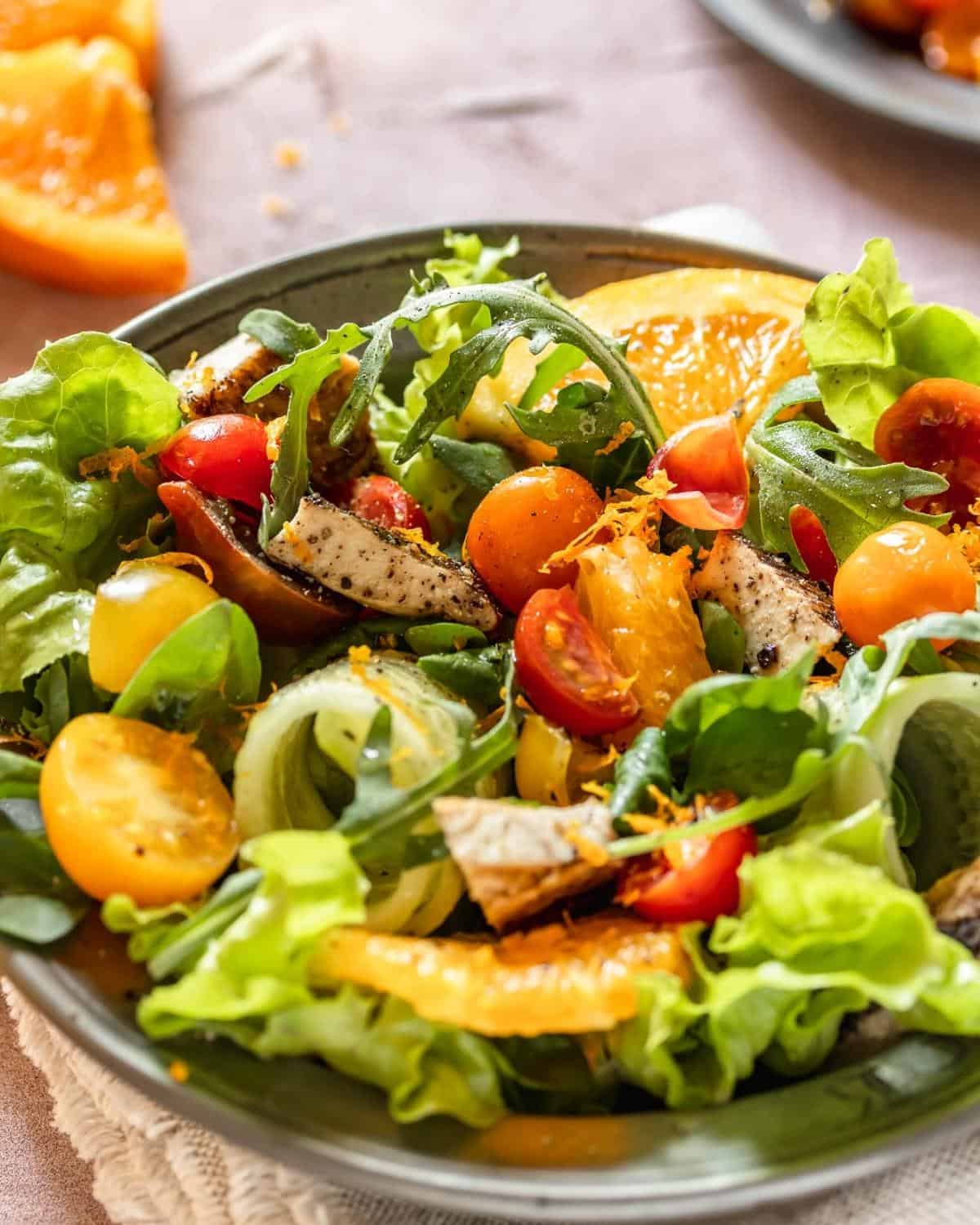 A close up Chicken salad in a bowl  It combines Chicken with tomatoes, salad,and orange slices