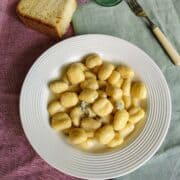 Gorgonzola gnocchi in a white plate on green and red linen and wooden table. The dish show how creamy gorgonzola cheese is
